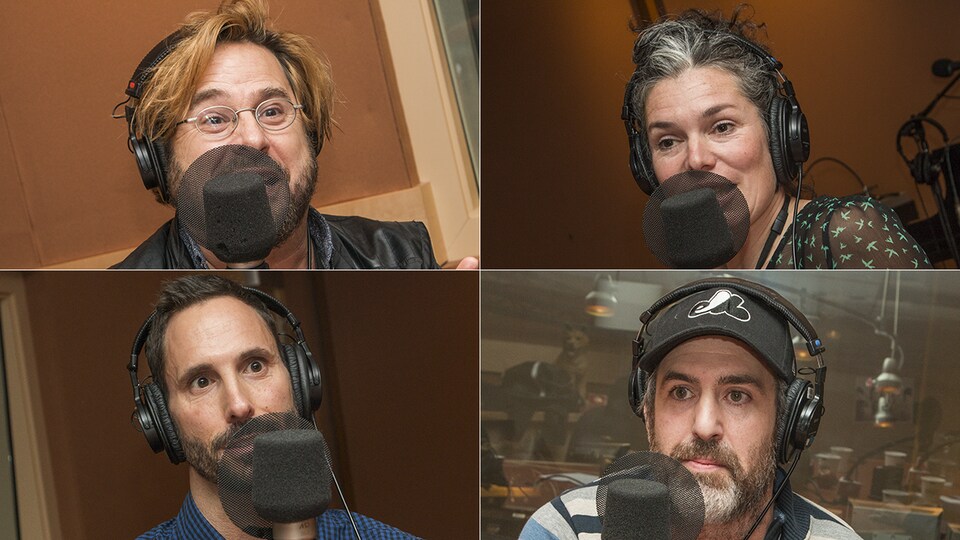 Stéphane E. Roy, Colin Gravel, Alain Mallette et Ève Couture au micro d'Isabelle Craig