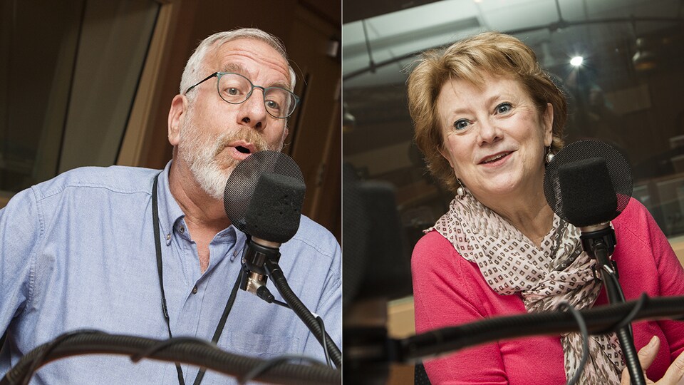 Michel Seymour et Gyslaine Desrosiers au micro de Catherine Perrin