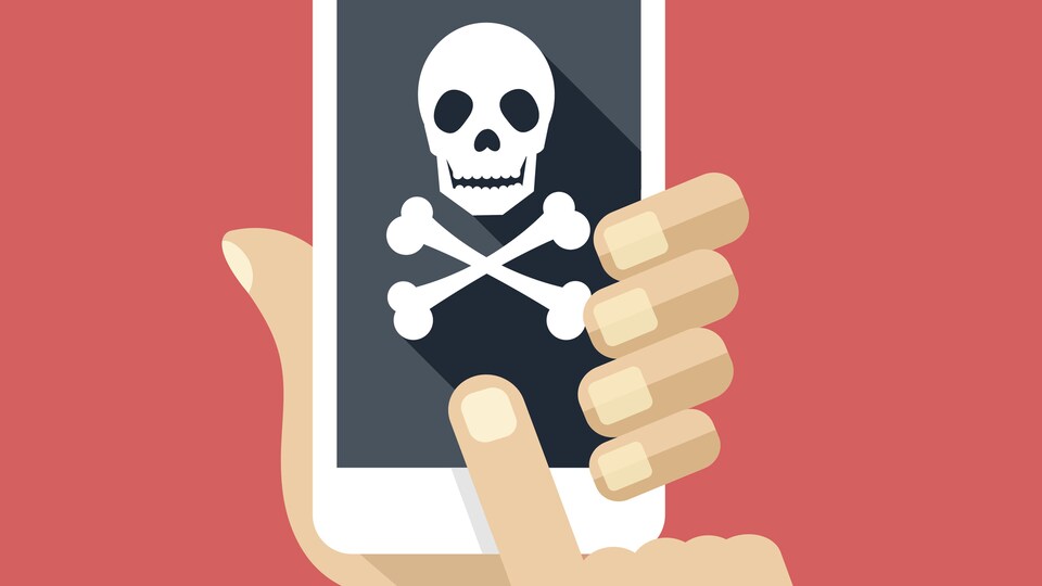 Illustration d'un téléphone intelligent affichant une tête de mort
