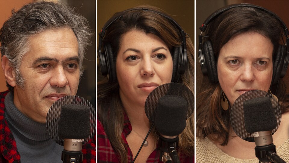 Yves-Marie Abraham, Marie-Claude Élie-Morin et Élise Desaulniers au studio 18 de Radio-Canada, à Montréal, le 29 octobre 2018