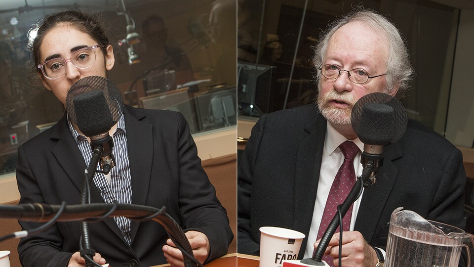 Suzanne Zaccour et Me Pierre Poupart au micro de Catherine Perrin