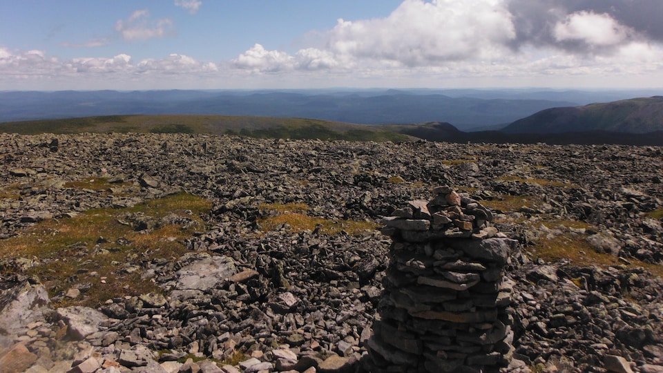 Vue sur le sommet du Mont Jacques-Cartier avec des pierres. Un décor arctique. En arrière-plan : les montagnes du parc de la Gaspésie