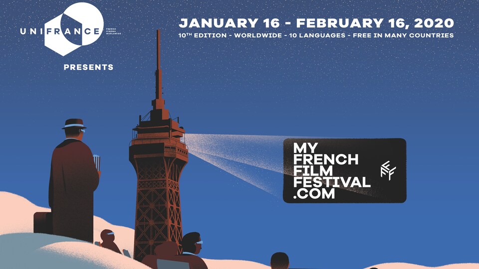 Affiche du festival My French Film Festival 2020 représentant la tour Eiffel transformée en projecteur de cinéma