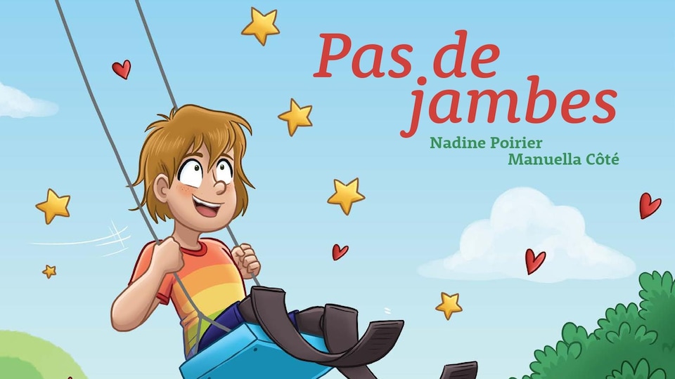 Page couverture d'un livre représentant (en illustration) un enfant sur une balançoire. Il porte des prothèses qui lui servent de jambes.