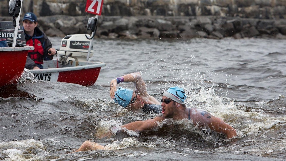 Des nageurs traversent le lac Saint-Jean.