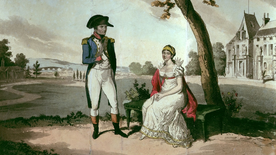 Peinture officielle montrant l'empereur debout, portant son tricorne et ayant la main droite dans sa veste. Joséphine est assise à ses côtés.