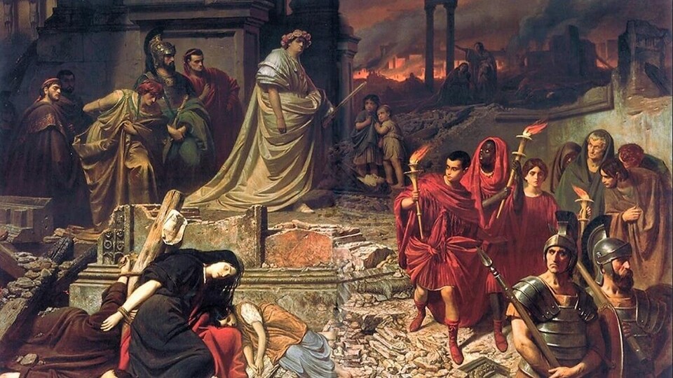 Représentation du grand incendie de Rome, avec au premier plan Néron et en arrière-plan les ruines de la ville en flammes, d'après un tableau de Karl Theodor von Piloty (vers 1861)