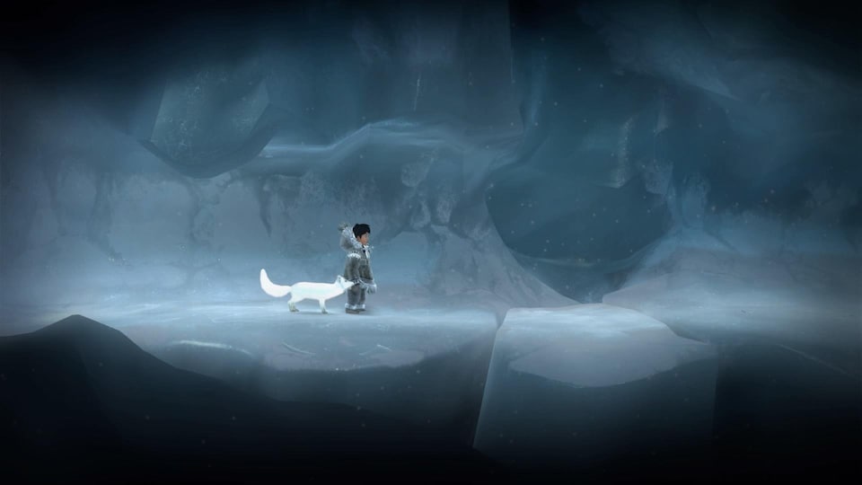 Un personnage et son animal affrontent le blizzard. 