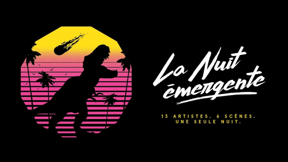 Image dessiné d'un tyrannosaure et d'un astéroïde; le logo de la Nuit émergente 2020.