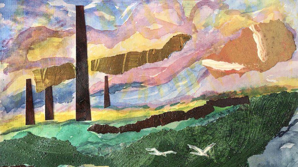 Aquarelle et collage de l'artiste Nicole Poulin intitulé Sudbury Tree Trunks.