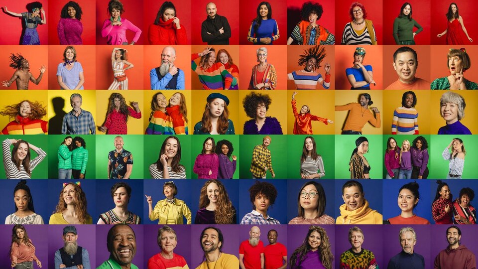 Montage de photos d'hommes et de femmes de toutes les origines aux couleurs du drapeau de la fierté gaie.