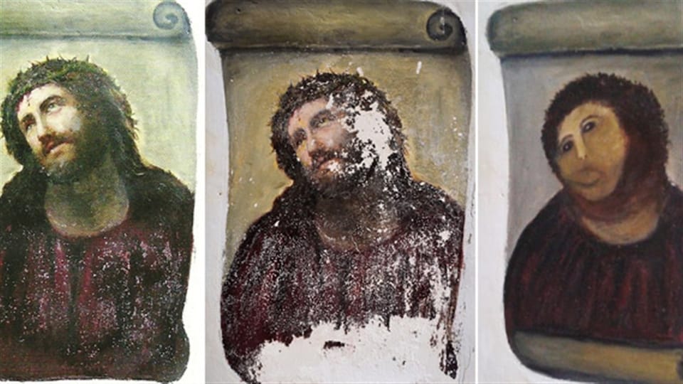 Les trois stades de la fresque Ecce Homo (Voici l'Homme).