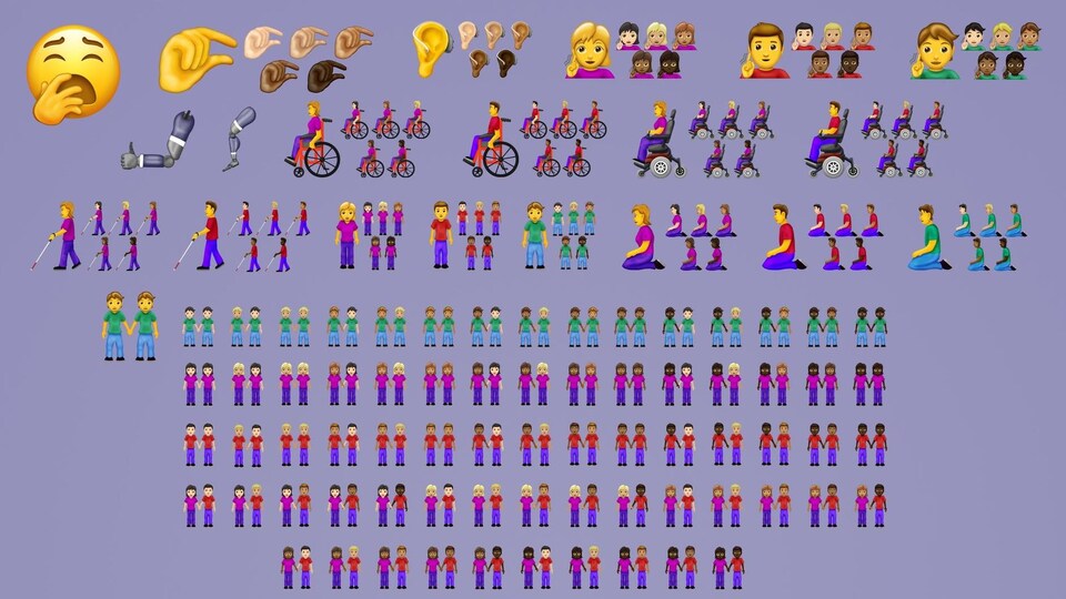 Divers emojis de doigts pincés, personnes en fauteuils roulants, couples interraciaux, etc.