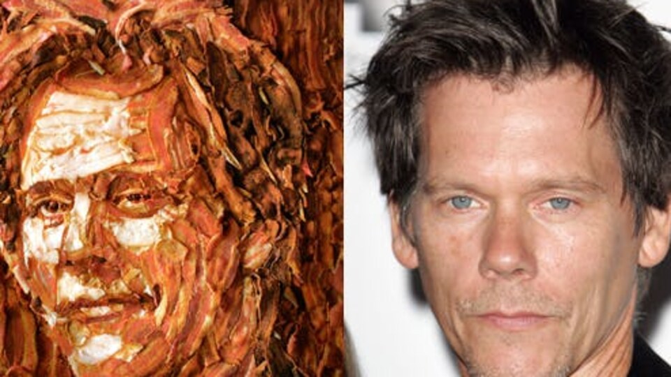 Une mosaïque du visage de Kevin Bacon fabriquée avec 15 livres de bacon par Jason Mecier.