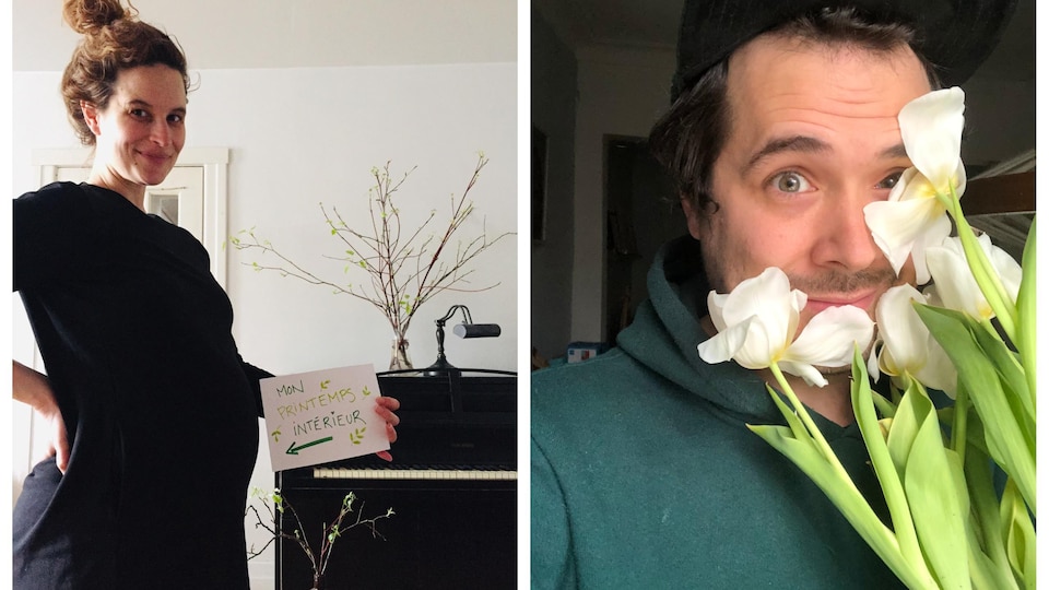 Véronique montre son beau bedon de femme enceinte et Steve se tient derrière un bouquet de fleurs blanches.