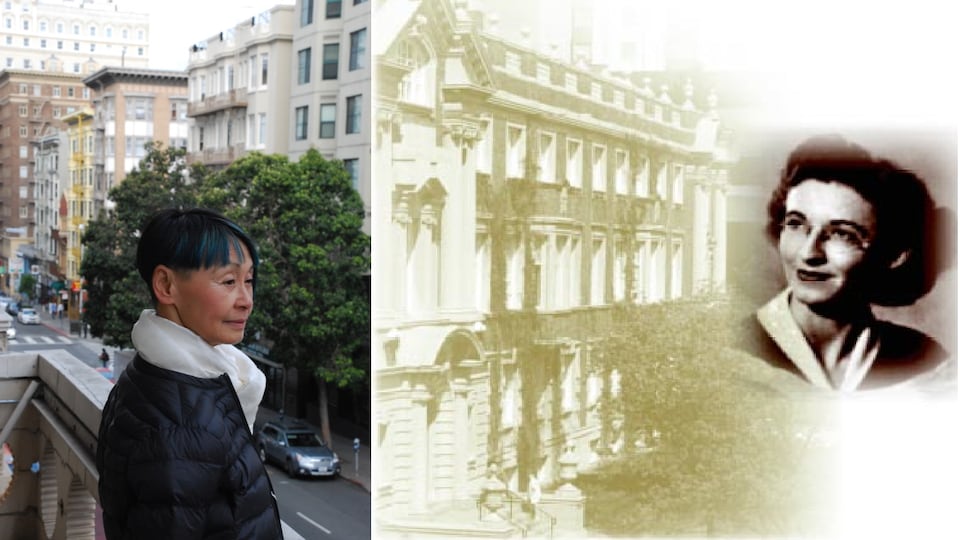 Image divisée: à gauche une quinquagénaire d'origine asiatique, de profil, sur fond urbain. À droite, image d'archive d'une quadragénaire à lunettes tirée des années 50 sur fond d'architecture sépia.