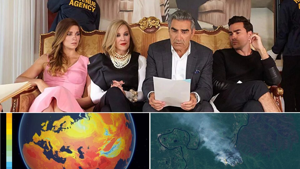 Montage de trois images : scène de Schitt's Creek en haut, et visualisation de la température planétaire et vue aérienne des feux de forêt.