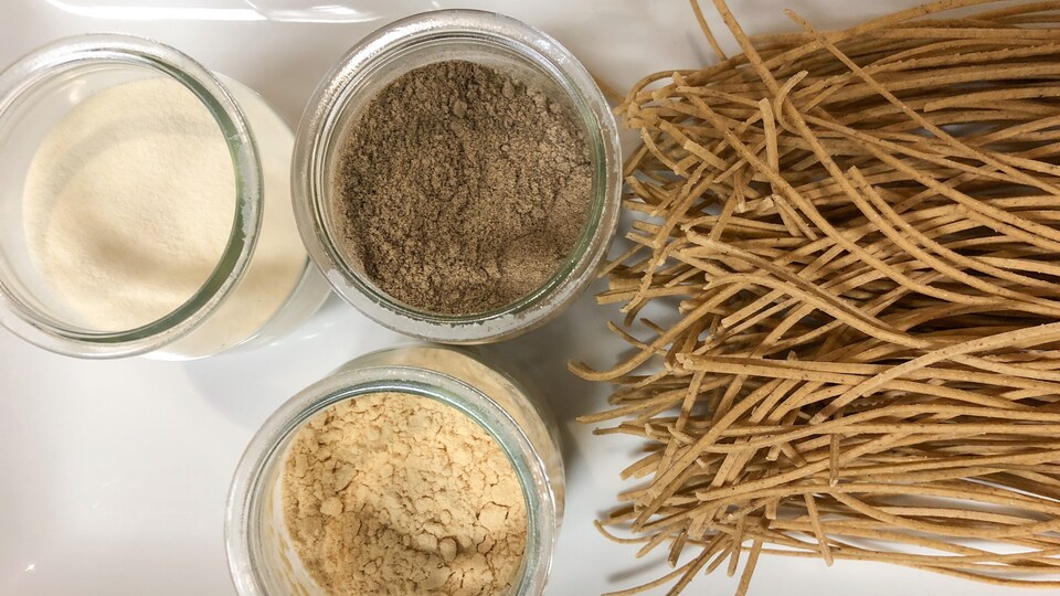 Trois pots de farine et des spaghettis posés sur une assiette