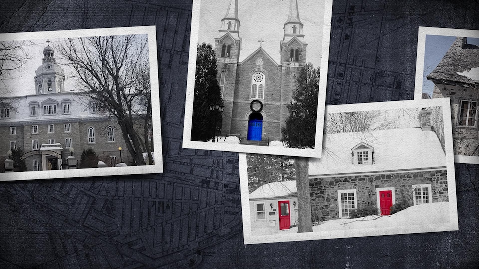 Montage montrant des photos de différents bâtiments patrimoniaux : une église, deux maisons canadiennes et un collège.