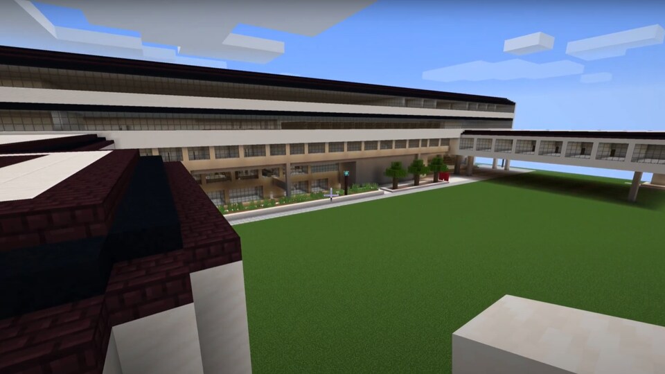 Plan extérieur du pavillon Fauteux de l'Université d'Ottawa en version du jeu Minecraft.