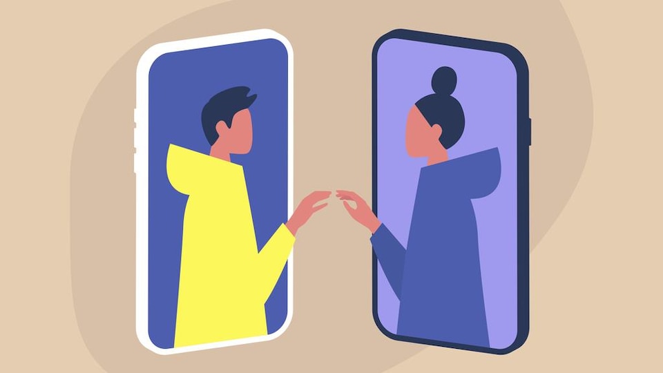 Illustration de deux écrans de téléphone desquels sortent les silhouettes d'un homme et d'une femme qui se touchent.