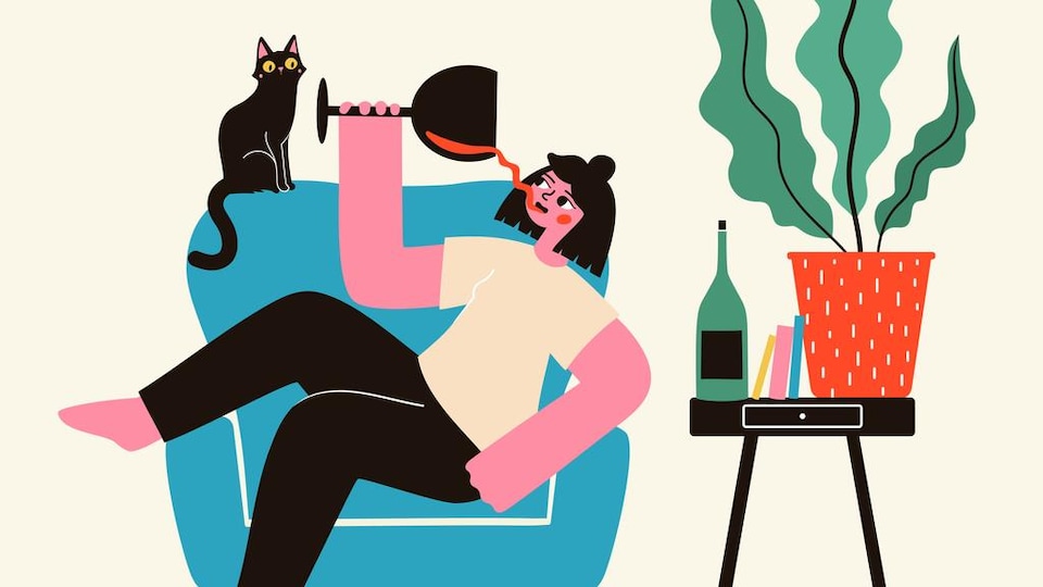 Illustration d'une jeune femme qui boit un verre de vin rouge dans un grand fauteuil avec son chat. 