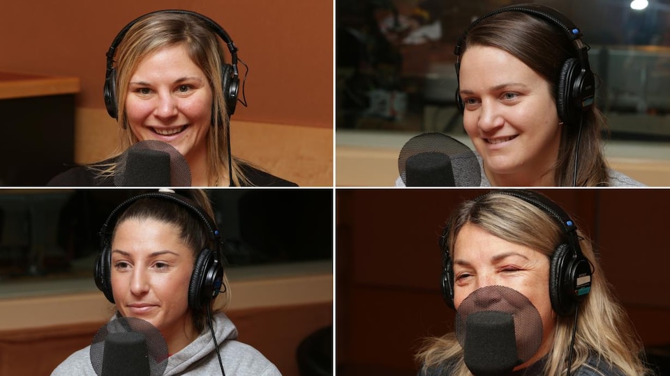 Montage de quatre photos de Marie-Eve Dicaire, Ariane Fortin, Kim Clavel et Danielle Bouchard devant un micro de radio.