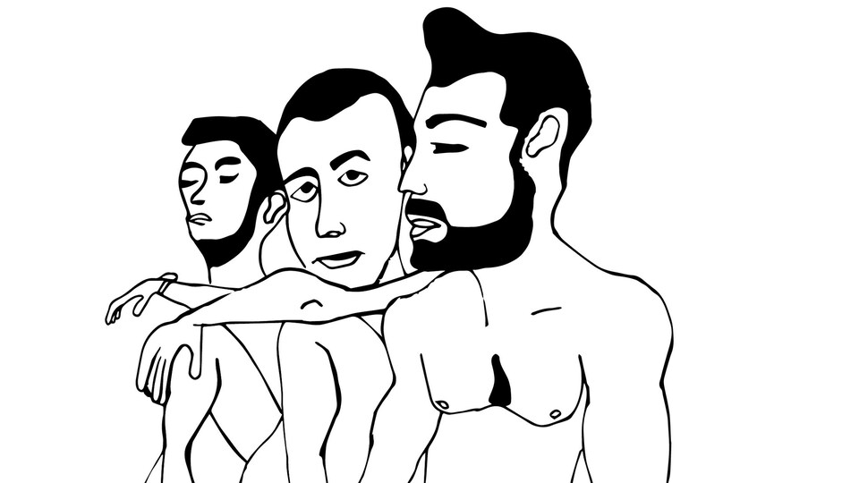 Dessin qui montre trois hommes torse nu.