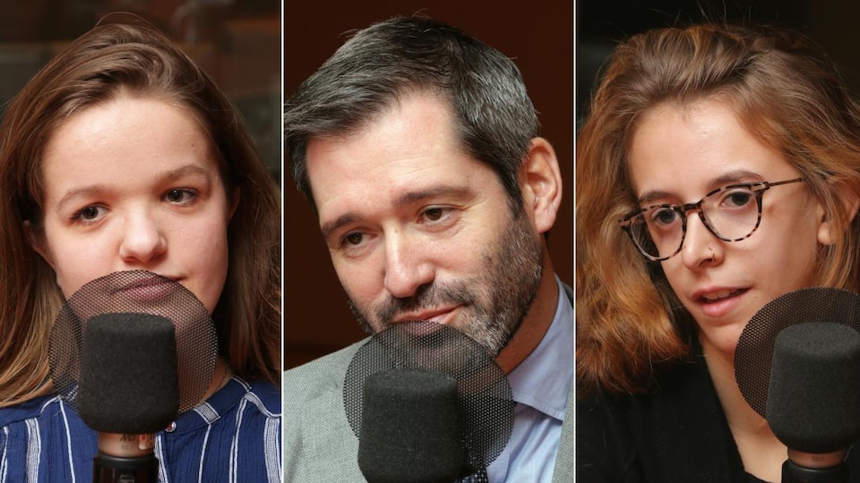 Montage de trois photos de Juliette Pronovost, du Dr Daniel Borsuk et de Rose Jolin devant un micro de radio.