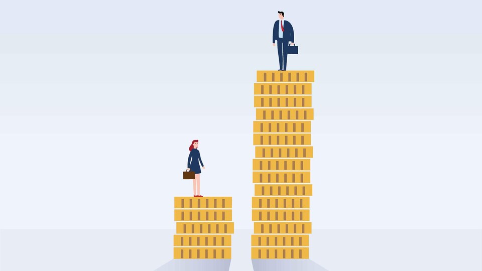 Illustration d'un homme sur une pile de pièces de monnaie troi fois plus haute que la pile de pièces sur laquelle se trouve une femme.