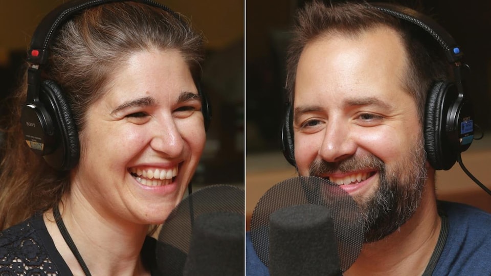 Montage de deux photos de Nicole Car et d'Étienne Dupuis devant des micros de radio.