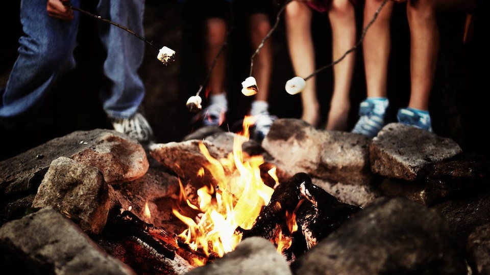 Des enfants font griller des guimauves au-dessus des flammes.