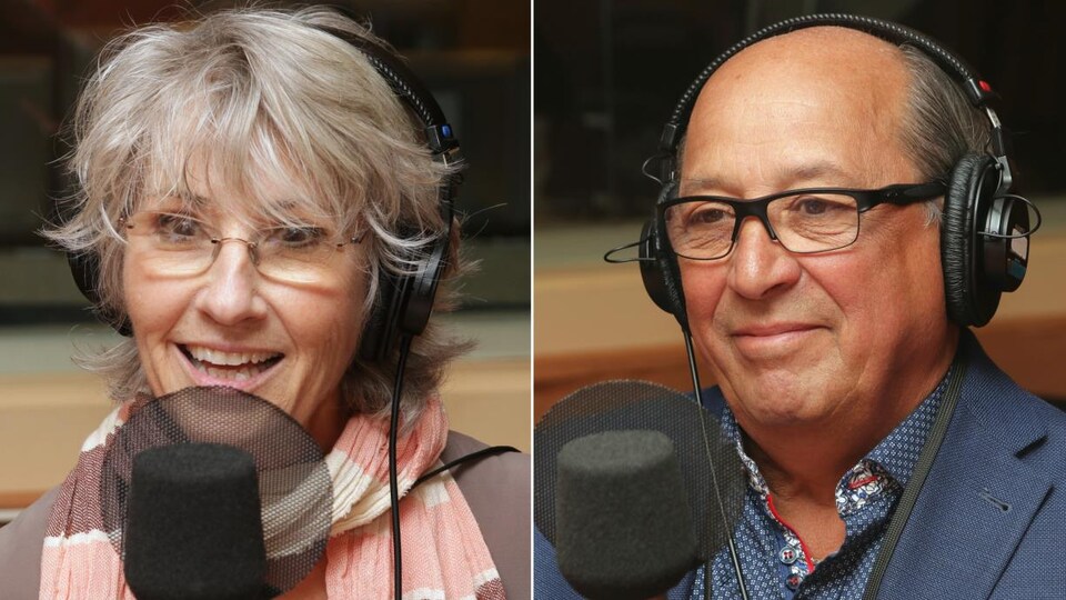 Montage photo de Judi Richards et Pierre Dubois devant des micros de radio.