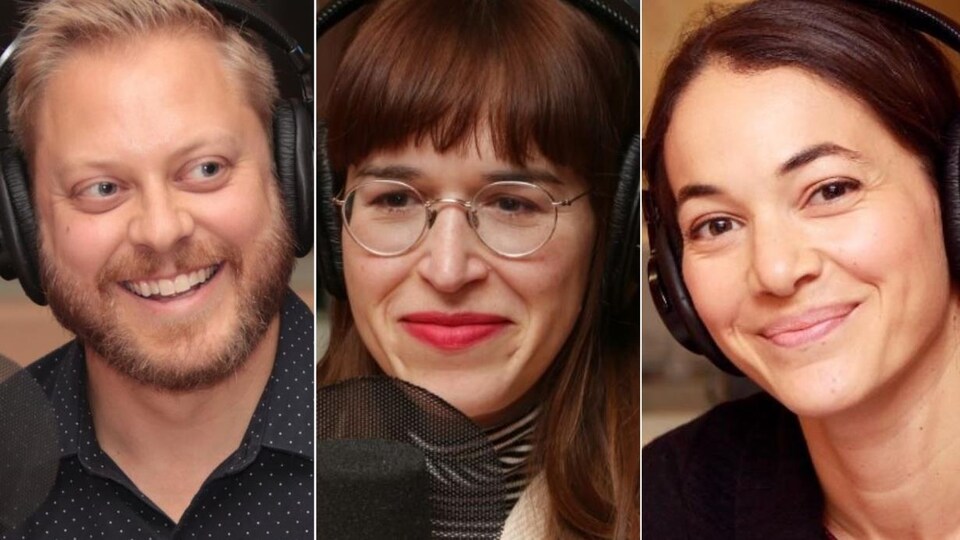 Montage de trois photos de Guillaume Lambert, Catherine Ethier et Karima Brikh devant des micros de radio.