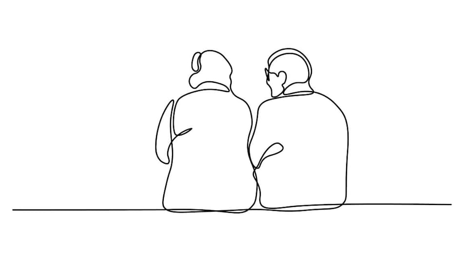 Illustration de deux personnes aînées qui discutent assises côte-à-côte. 