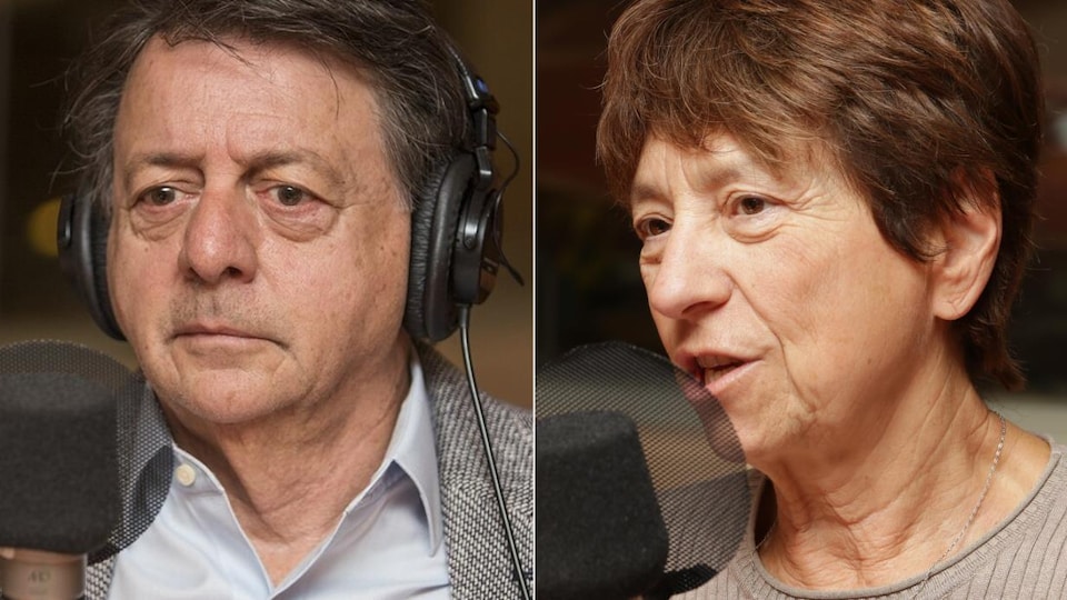 Deux photos de Jean-Luc Mongrain et Françoise David devant un micro de radio.