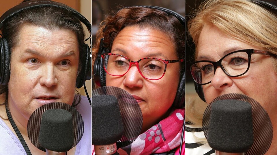 Montage de photos de Julie Lemieux, Bernadette Clément et Suzanne Roy devant un micro de radio.