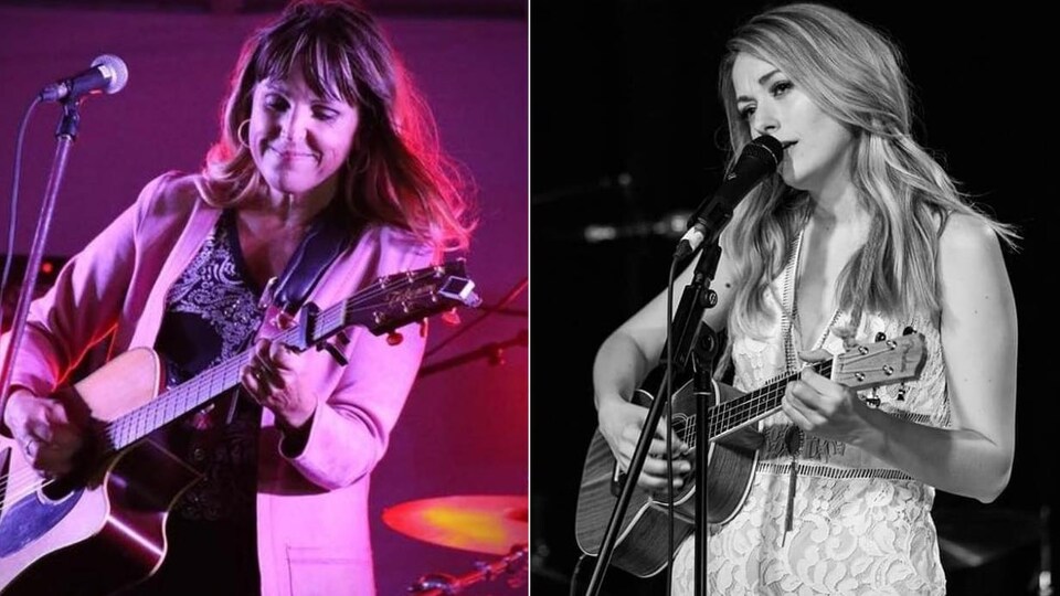 Collage de deux photos des chanteuses sur scène devant un micro, une guitare à la main.
