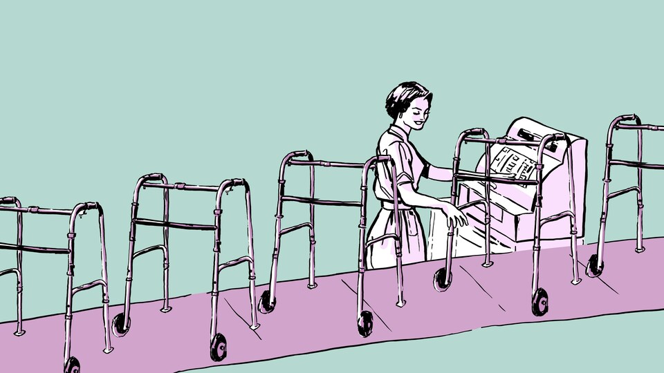 Illustration d'une caissière qui encaissent des marchettes qui défilent sur un tapis roulant.