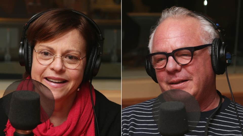 Maude Guérin et Luc Senay devant un micro de radio.