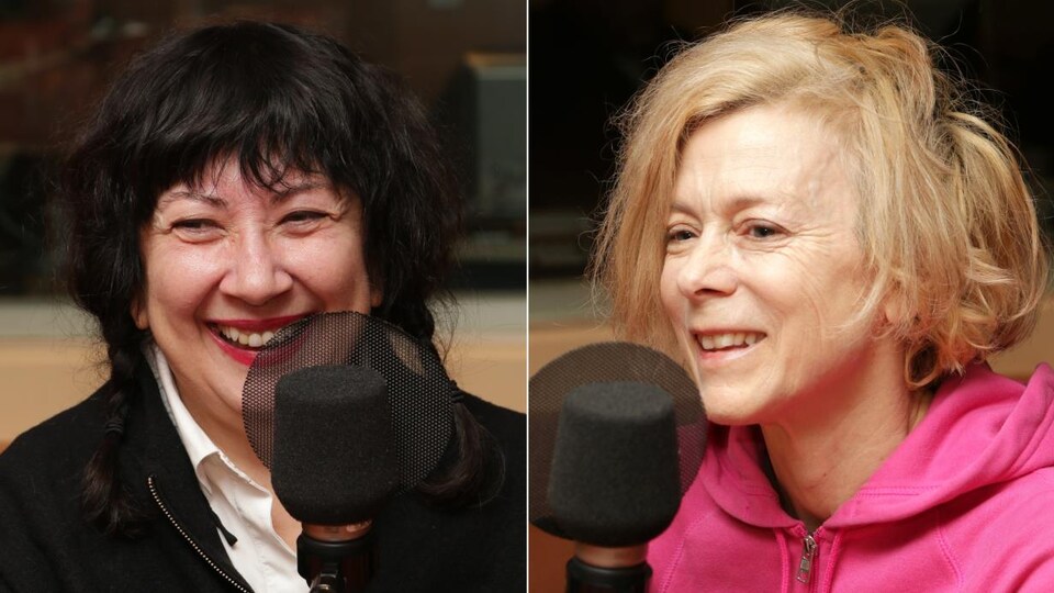 Montage de deux photos de Marie Brassard et Louise Lecavalier devant un micro de radio.