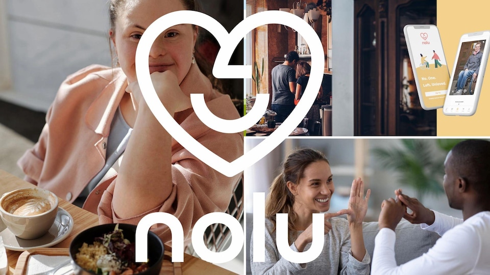 Montage de photos de deux personnes qui parlent en langage des signes et portrait d'une personne trisomique qui prend un café, avec le logo de l'application Nolu.