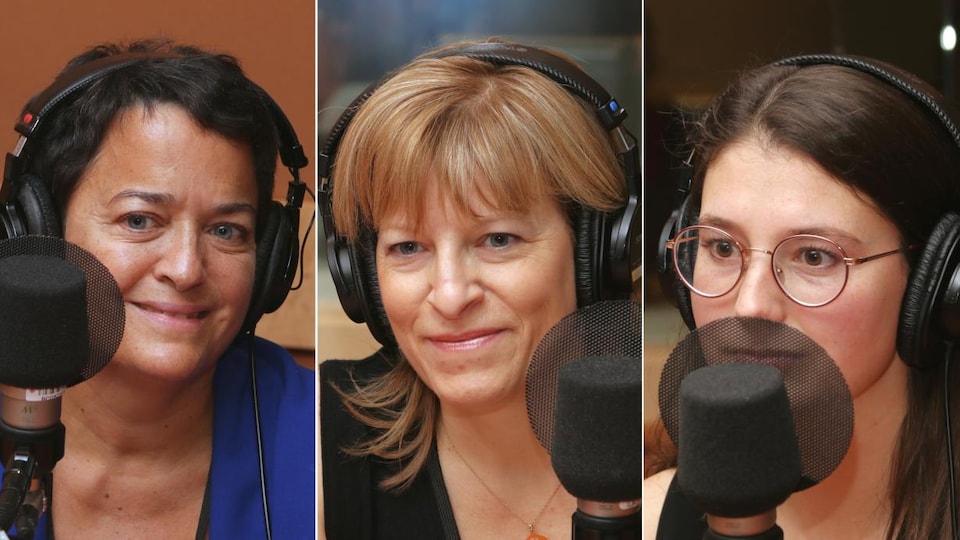 Montage de trois photos de Nadine Lalande, Sophie Therrien et Catherine Gaboriault devant un micro de radio.