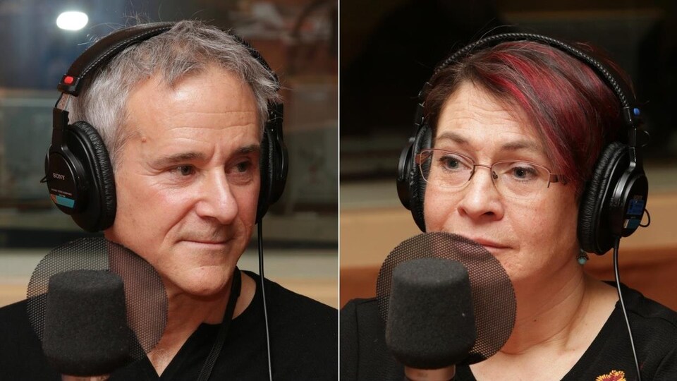 Montage de deux photos de Michel Robert et Marie-Hélène Hachey devant un micro de radio.