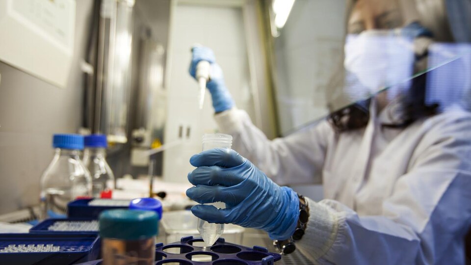 Une femme manipule un tube et une pipette.