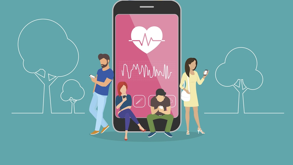Illustration de personnes sur une application mobile de santé.