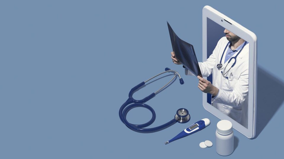 Montage photo d'un docteur dans l'écran d'une tablette qui regarde une radio.