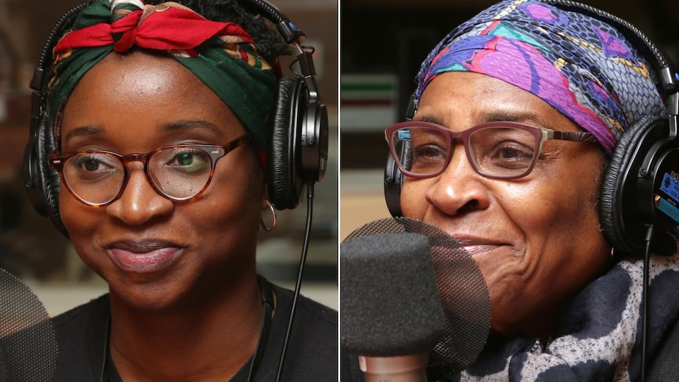 Montage de deux photos de Tracy Marcelin et de Mireille Métellus devant des micros de radio.