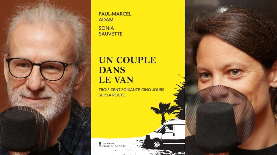 Montage de deux photos de Paul-Marcel Adam et de Sonia Sauvette et de la couverture de leur livre sur laquelle est dessinée une fourgonnette. 