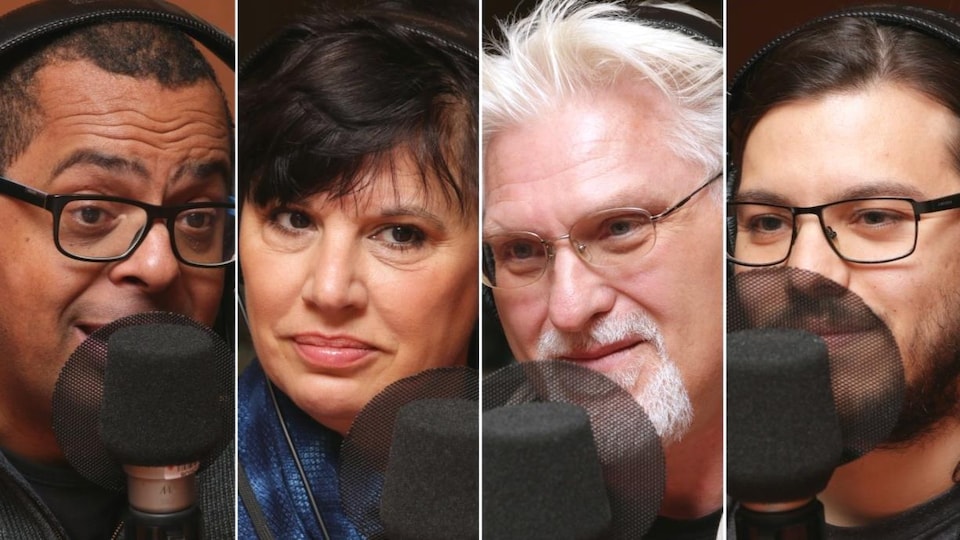 Montage de quatre photos de Gregory Charles, Nathalie Bondil, Jean Barbe et Fábio de Carvalho devant un micro de radio.